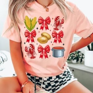 Pink Summer Food Bow Crawfish Printed T Shirt