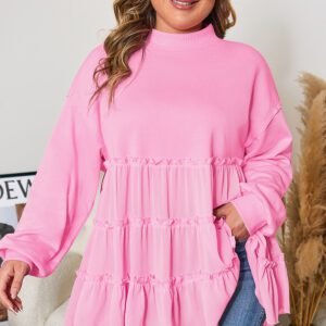 Pink Tiered Ruffle Ribbed Crew Neck Pullover Plus Size Top