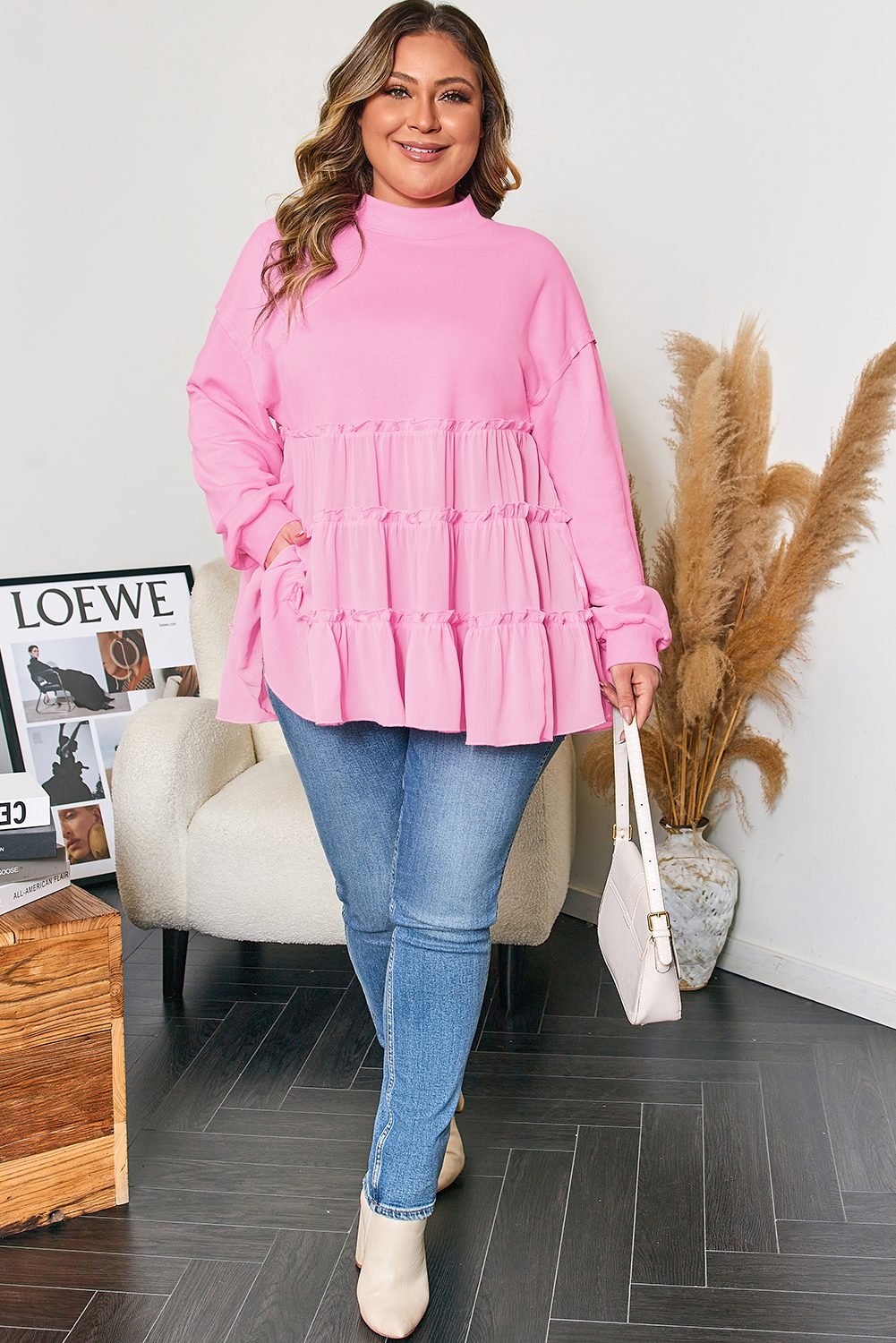 Pink Tiered Ruffle Ribbed Crew Neck Pullover Plus Size Top