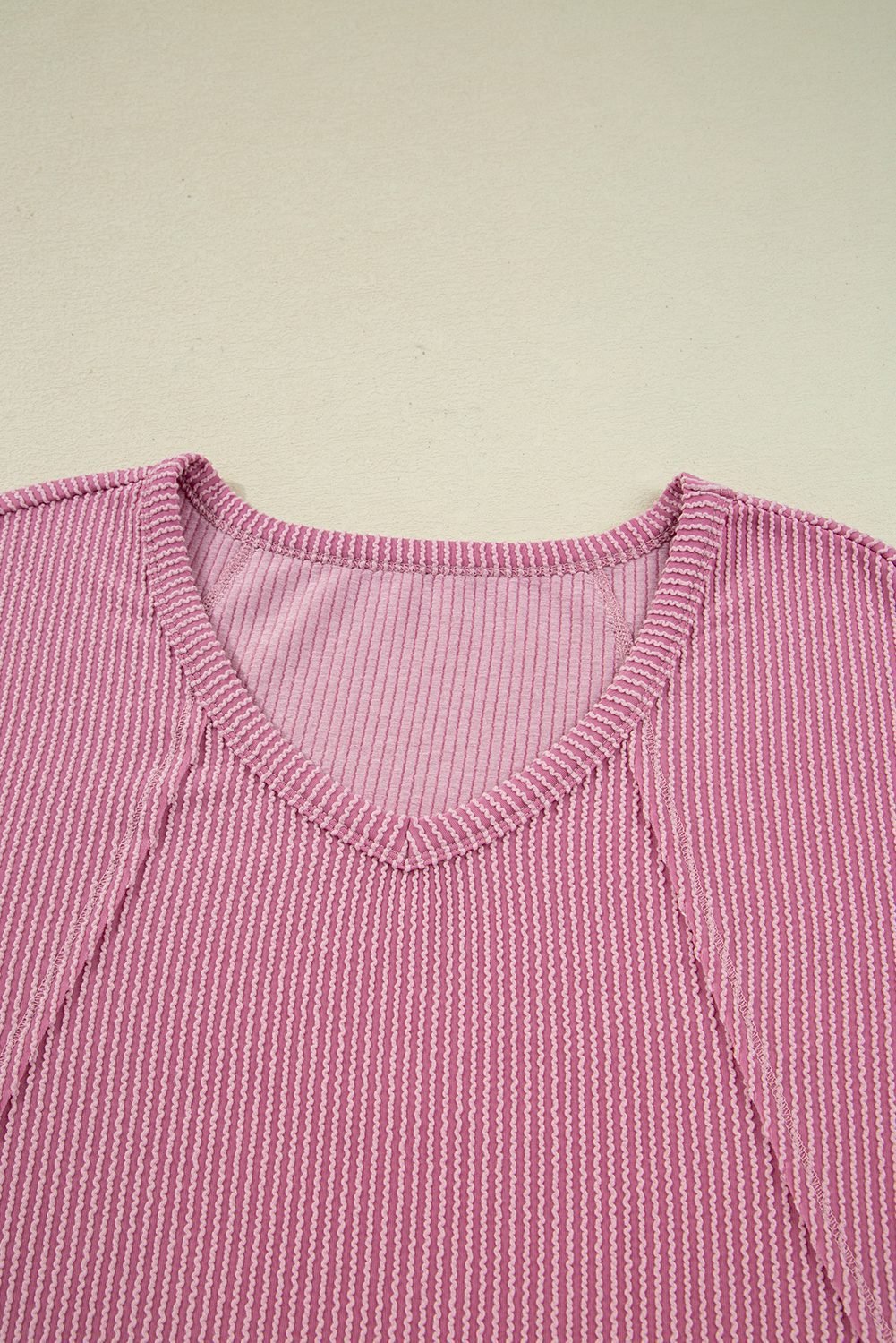 Pink Twisted Rib Texture Exposed Seam Patchwork Loose Long Sleeve Top