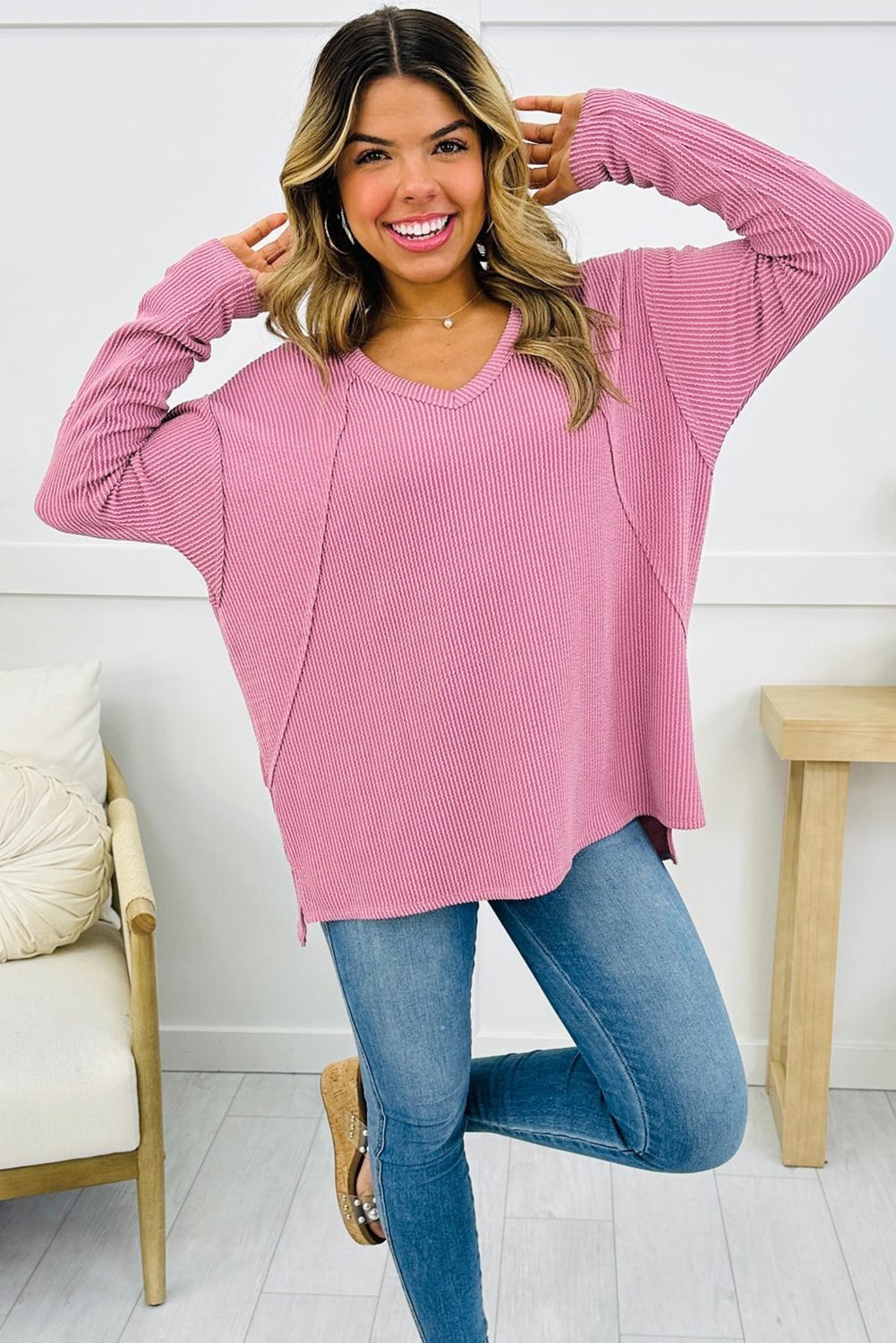 Pink Twisted Rib Texture Exposed Seam Patchwork Loose Long Sleeve Top