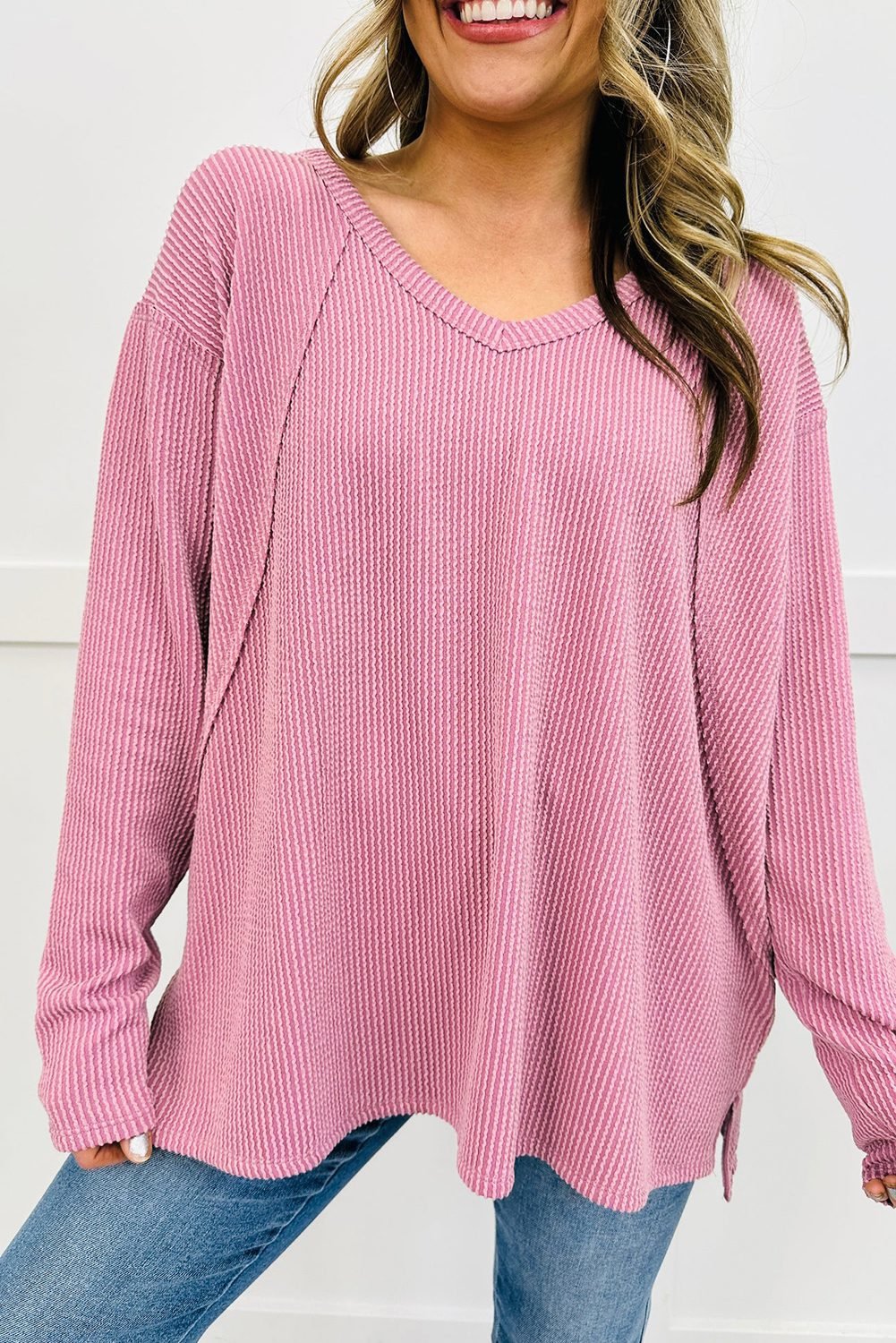 Pink Twisted Rib Texture Exposed Seam Patchwork Loose Long Sleeve Top