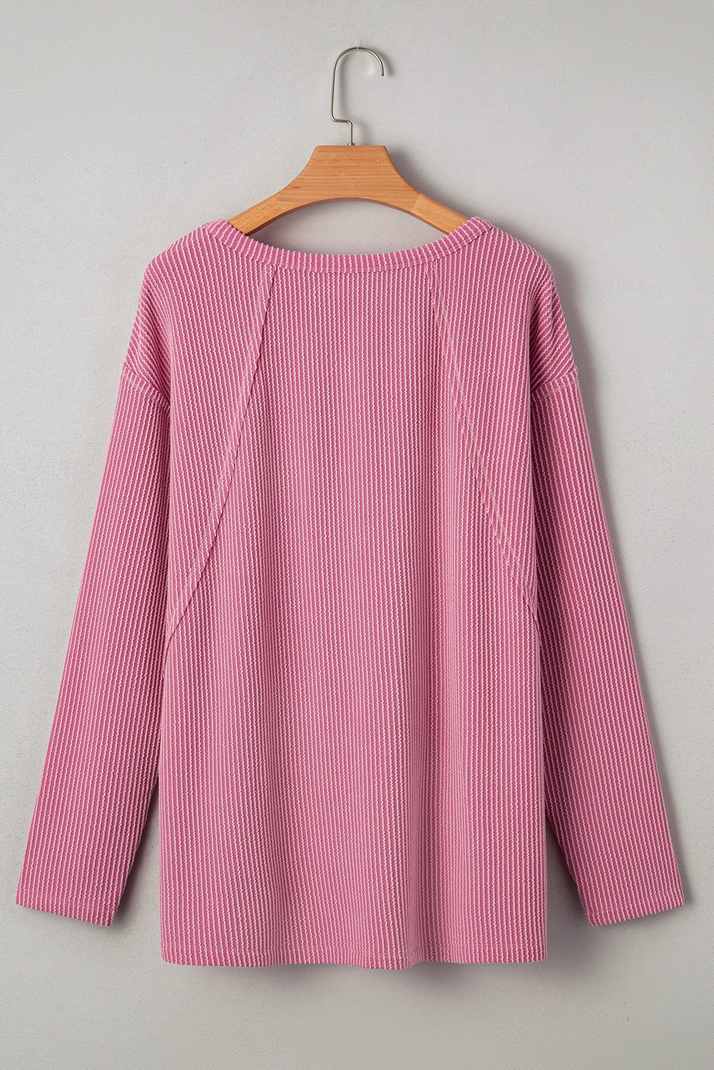 Pink Twisted Rib Texture Exposed Seam Patchwork Loose Long Sleeve Top