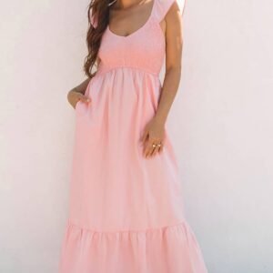 Pink V Neck Flutter Sleeve Smocked Bodice High Waist Ruffle Maxi Dress