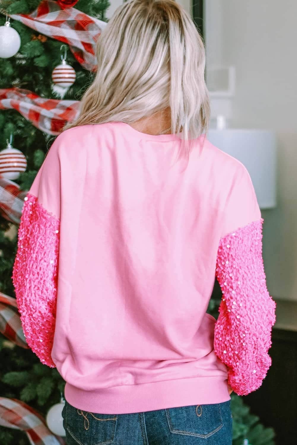 Pink Valentines Love Chenille Embroidered Sequin Sleeve Sweatshirt