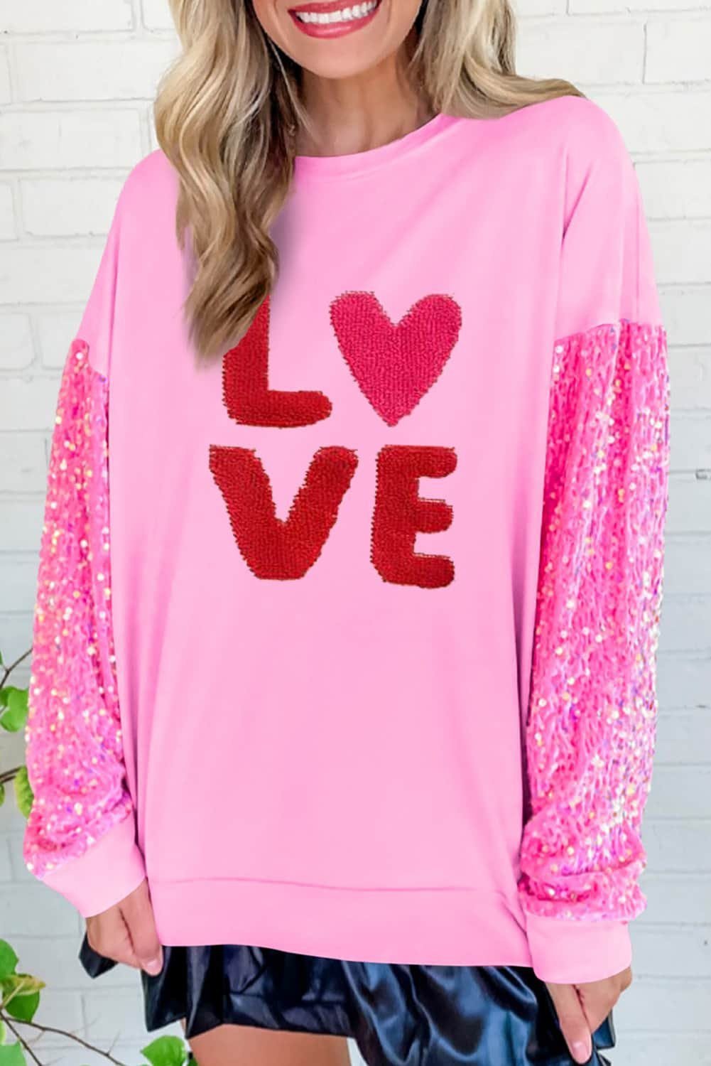Pink Valentines Love Chenille Embroidered Sequin Sleeve Sweatshirt