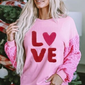 Pink Valentines Love Chenille Embroidered Sequin Sleeve Sweatshirt