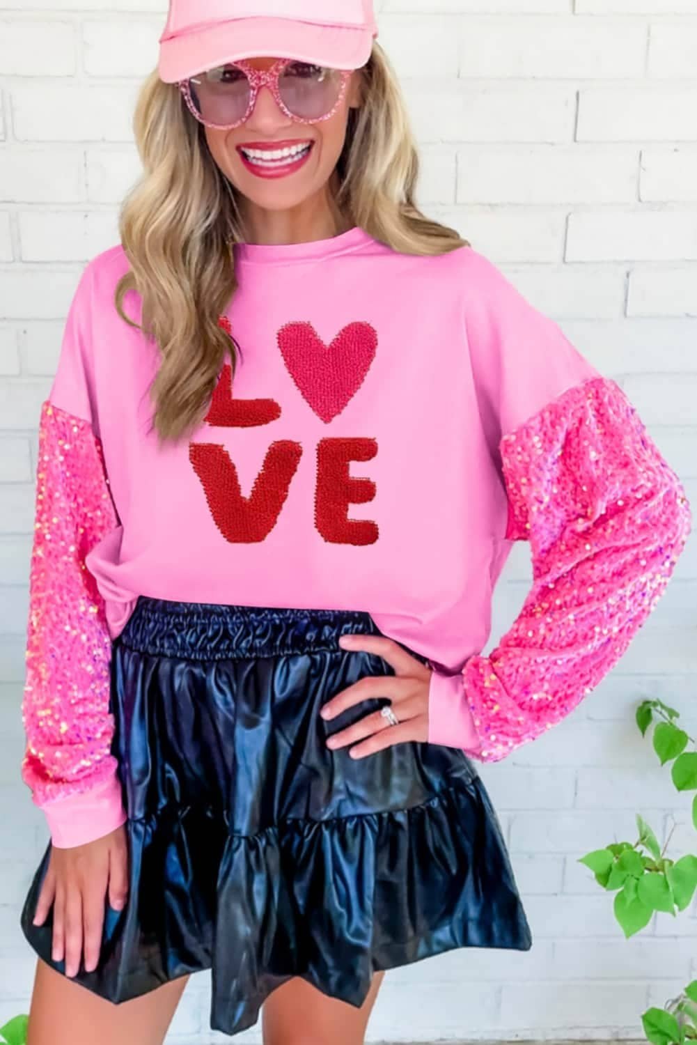 Pink Valentines Love Chenille Embroidered Sequin Sleeve Sweatshirt