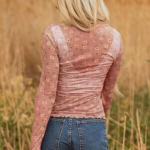 Pink Vintage Floral Print Southern Style Mesh Long Sleeve Top