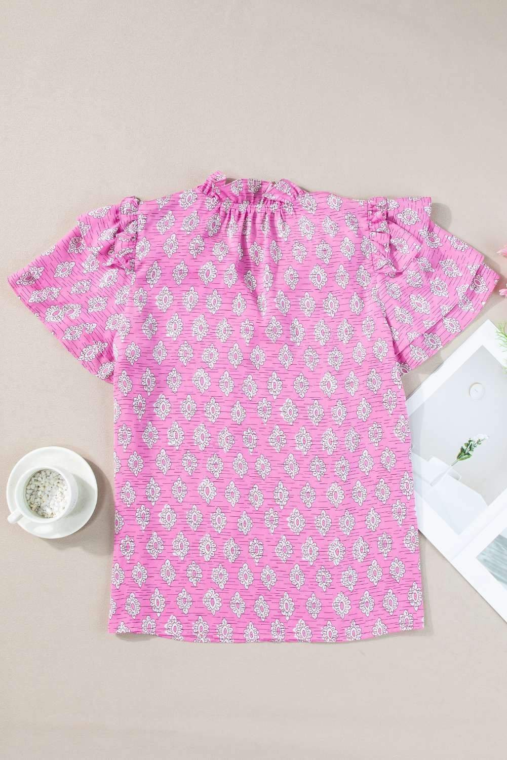 Pink Vintage Floral Ruffled Split Neck Short Sleeve Blouse
