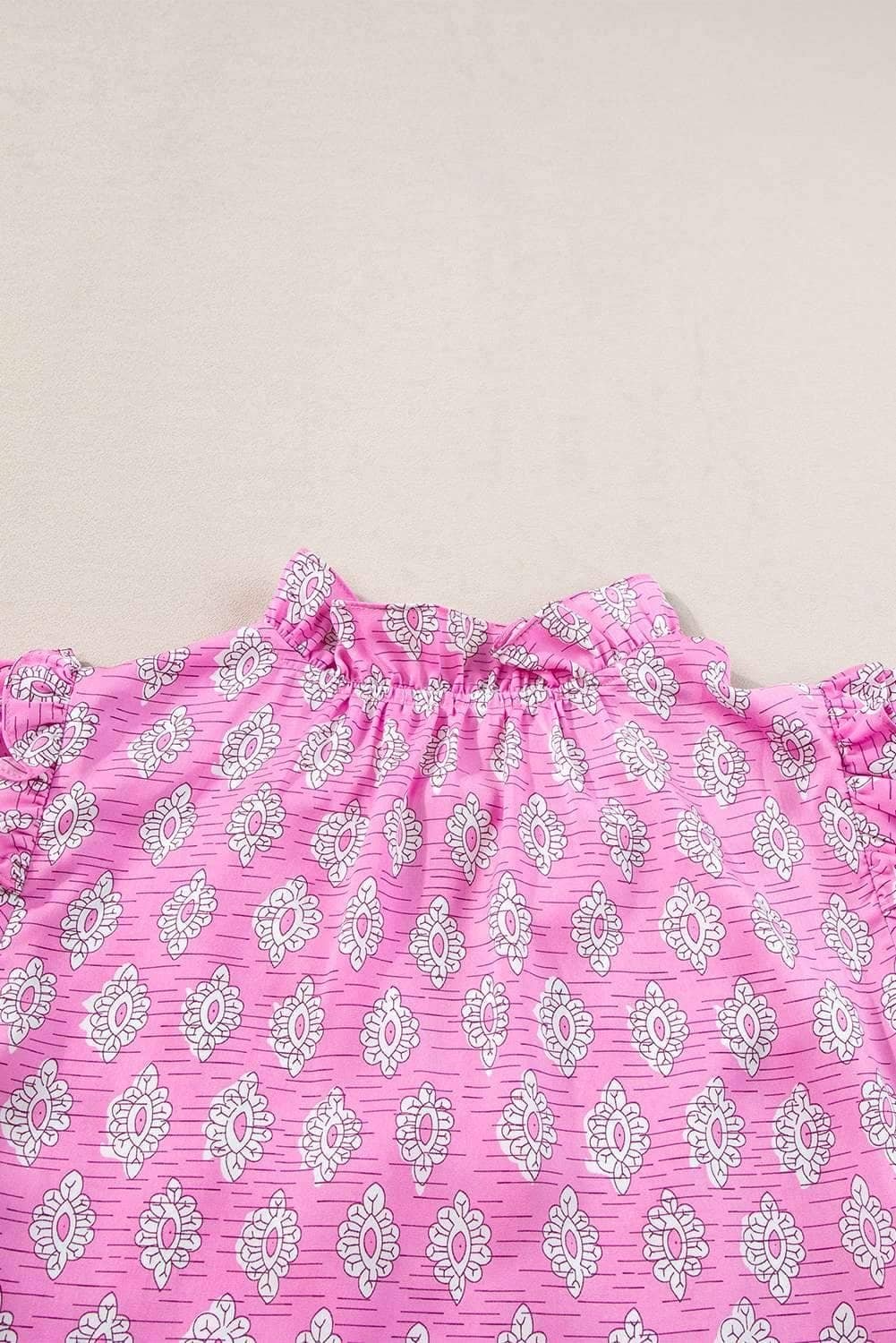 Pink Vintage Floral Ruffled Split Neck Short Sleeve Blouse