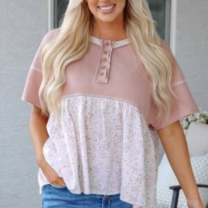 Pink Waffle Floral Patchwork Exposed Seam Detail Short Sleeve Top