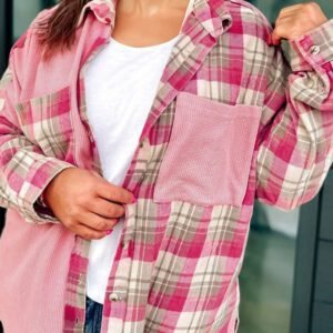 Pink Waffle Patch Pocket Plaid Patchwork Plus Size Shirt