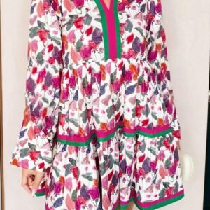 Purple Floral Print Contrast Striped Detail Long Sleeve Mini Dress