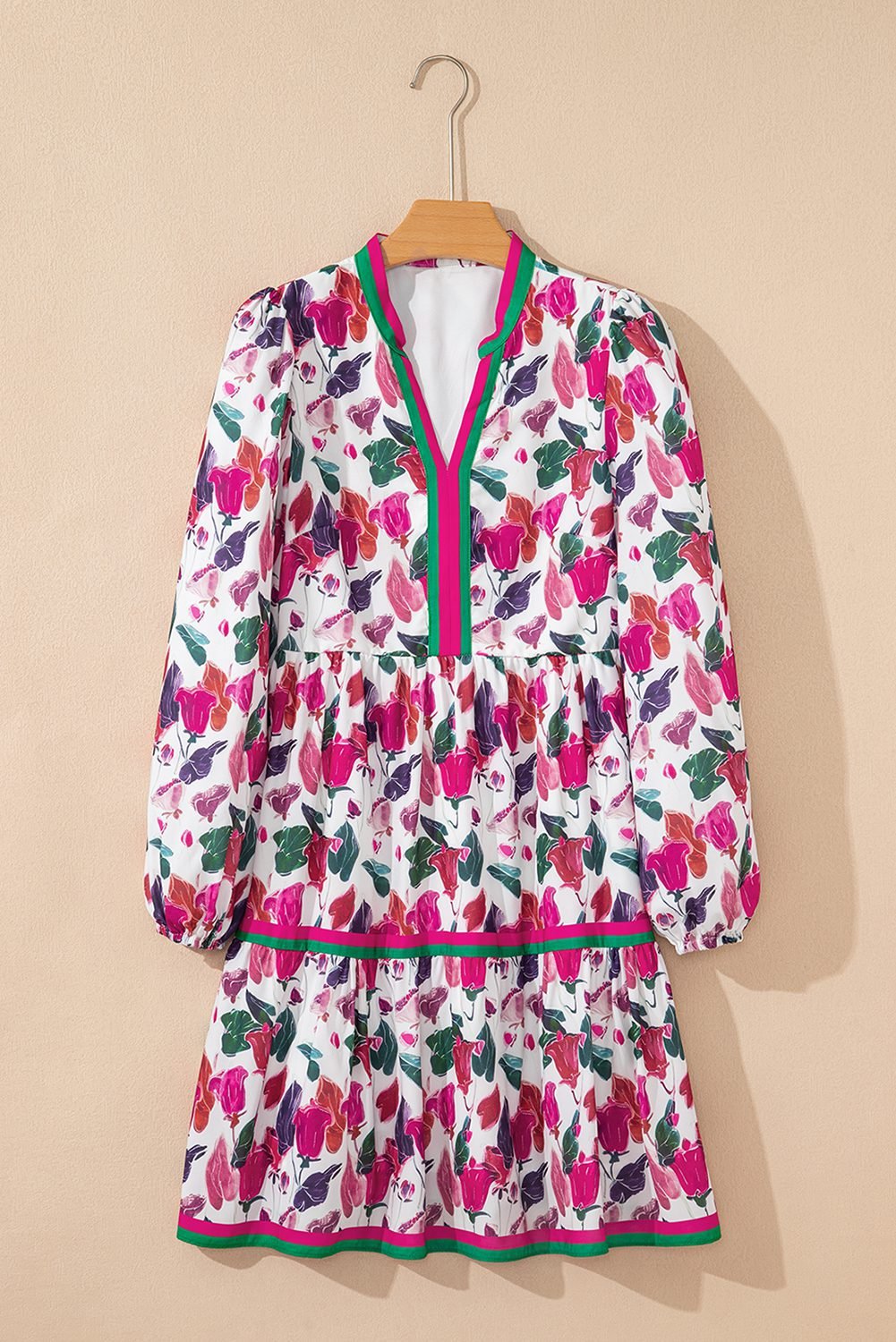 Purple Floral Print Contrast Striped Detail Long Sleeve Mini Dress