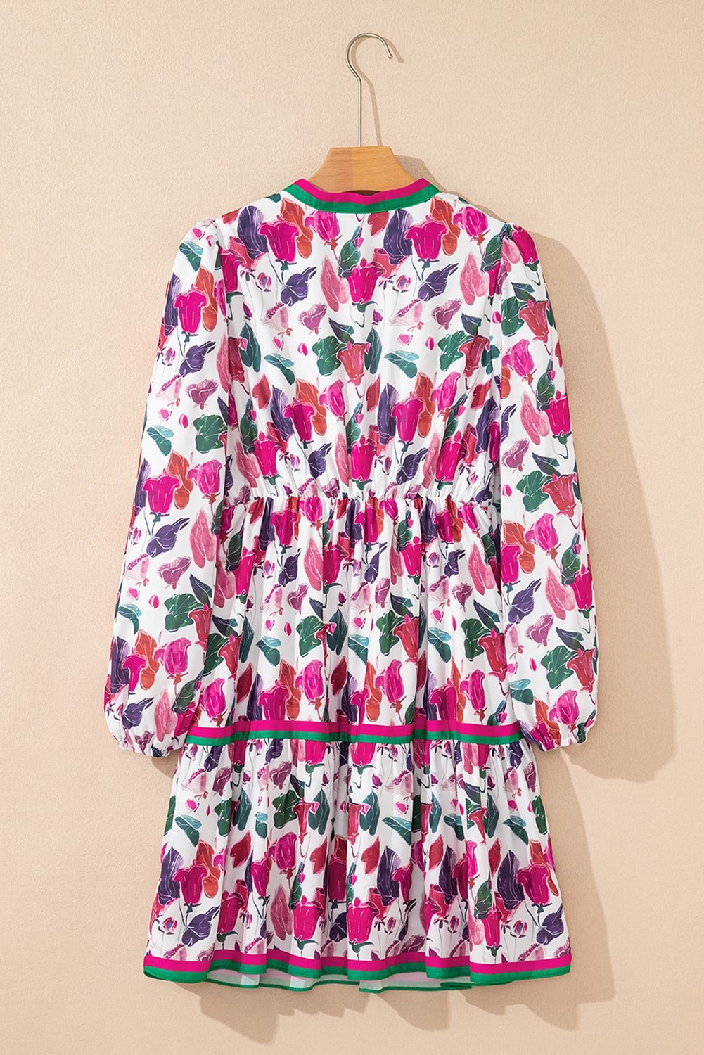 Purple Floral Print Contrast Striped Detail Long Sleeve Mini Dress