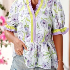 Purple Floral Print Striped Detail Split Neck Flounce Short Sleeve Peplum Blouse