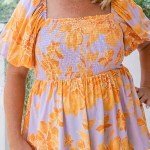 Purple Floral Puff Sleeve Square Neck Smocked Plus Size Babydoll Blouse