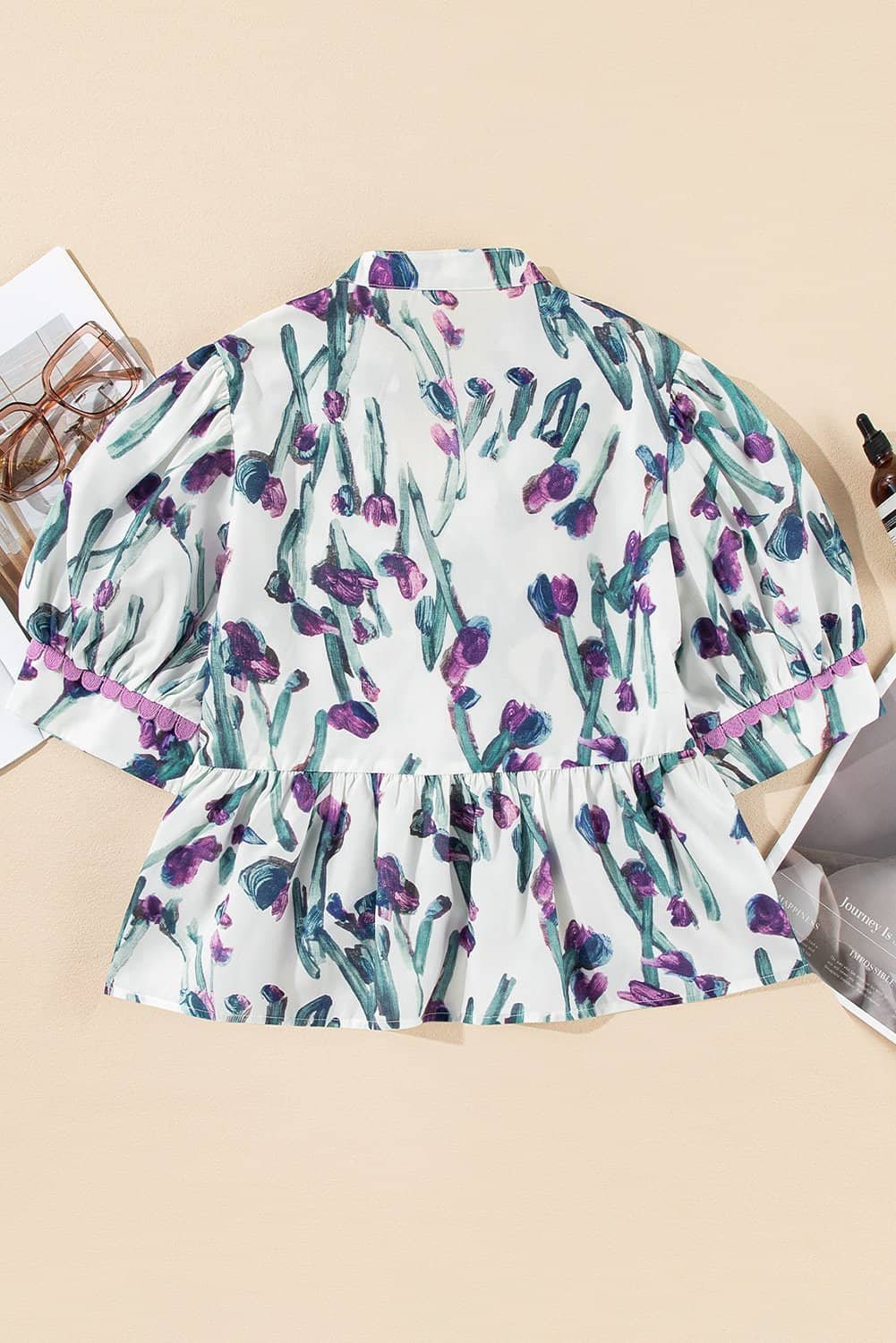 Purple Floral Ricrac Trim Half Sleeve Peplum Top