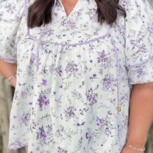 Purple Floral Trimmed Detail Split Neck Plus Size Top