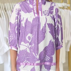Purple Leafy Print 3/4 Sleeve Striped Trim Split Neck Blouse