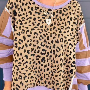 Purple Leopard Striped Patchwork Plus Size Loose Sweatshirt