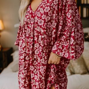Purple Plus Floral Balloon Sleeve V Neck Relaxed Dress