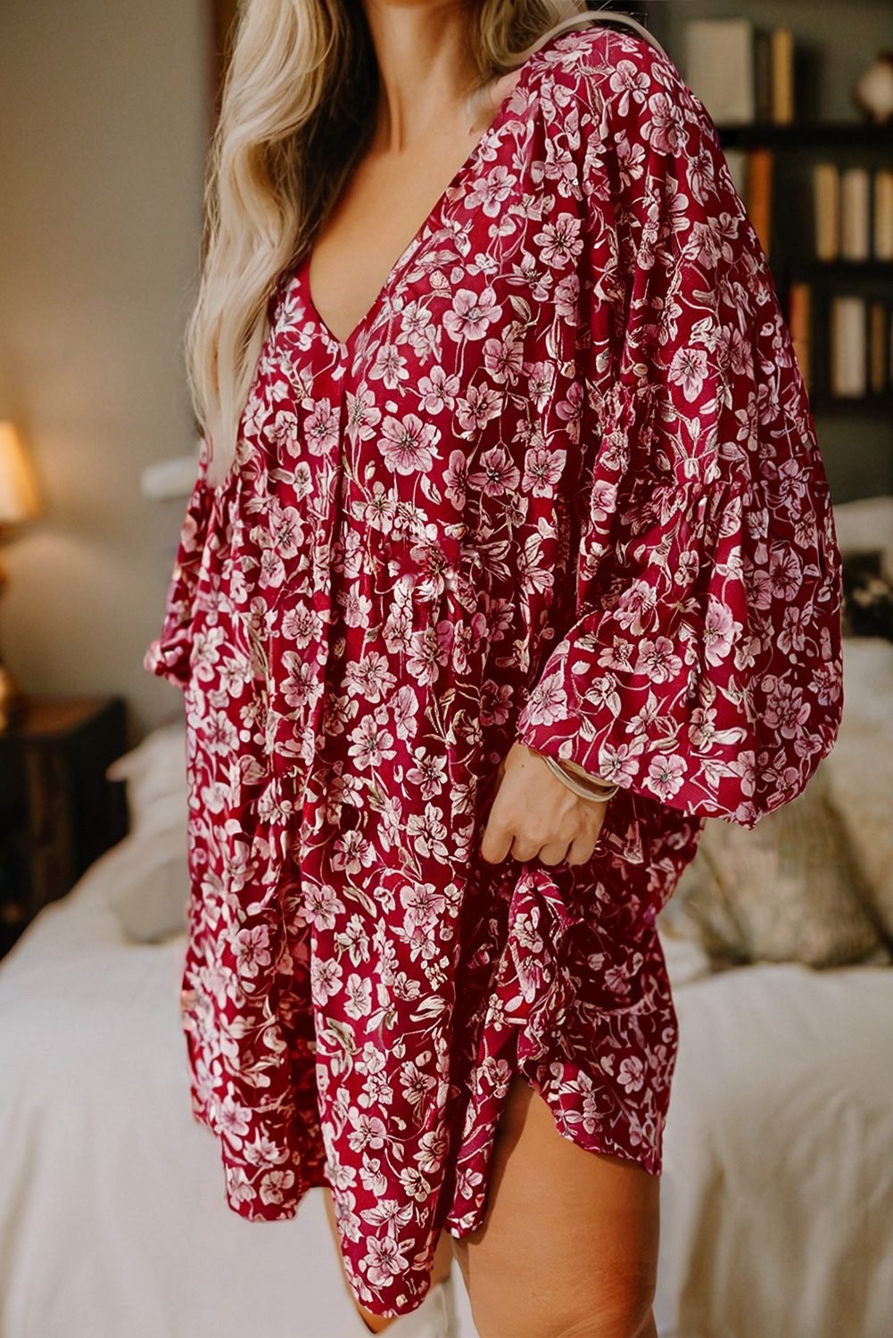 Purple Plus Floral Balloon Sleeve V Neck Relaxed Dress