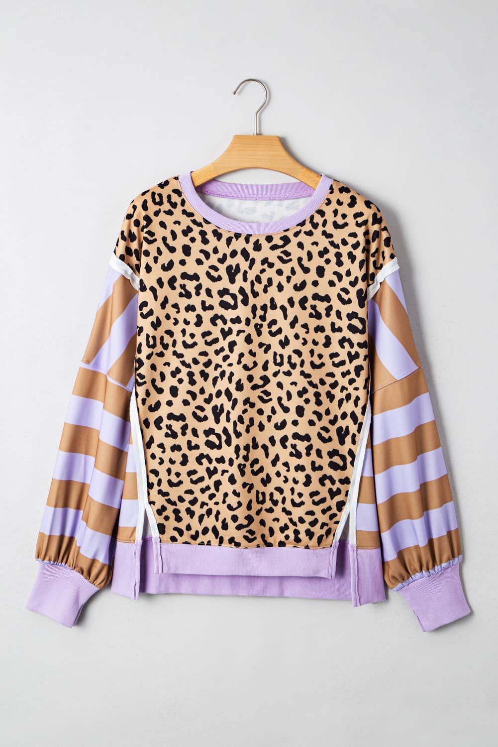 Purple Stripe Color Block Patchwork Leopard Casual Sweatshirt With Slits