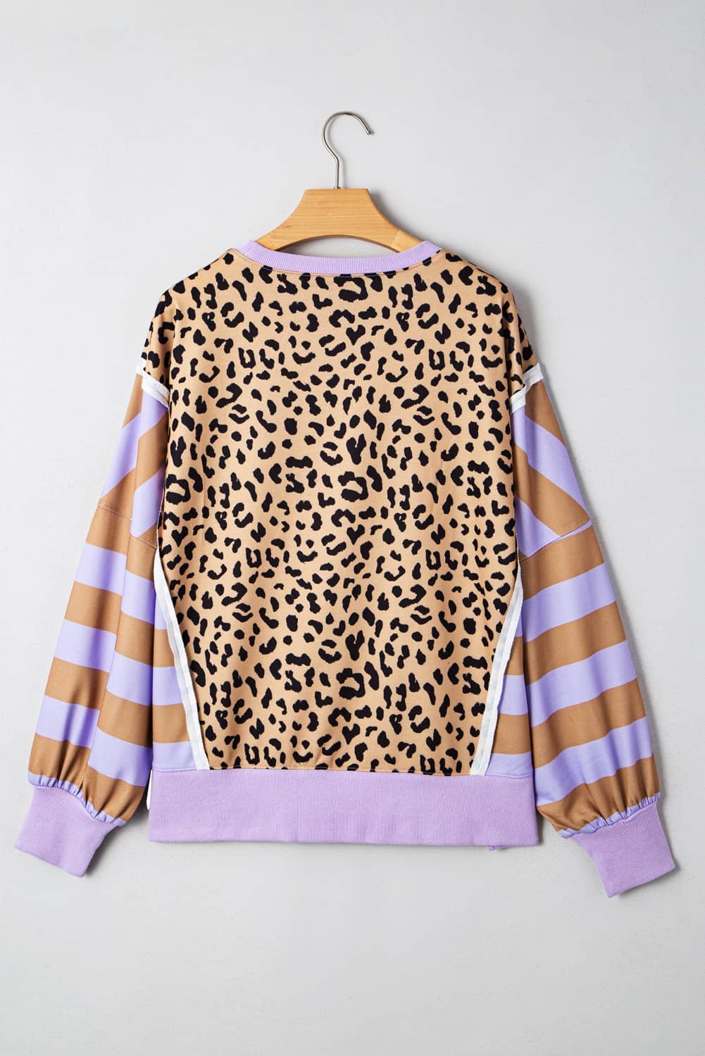 Purple Stripe Color Block Patchwork Leopard Casual Sweatshirt With Slits