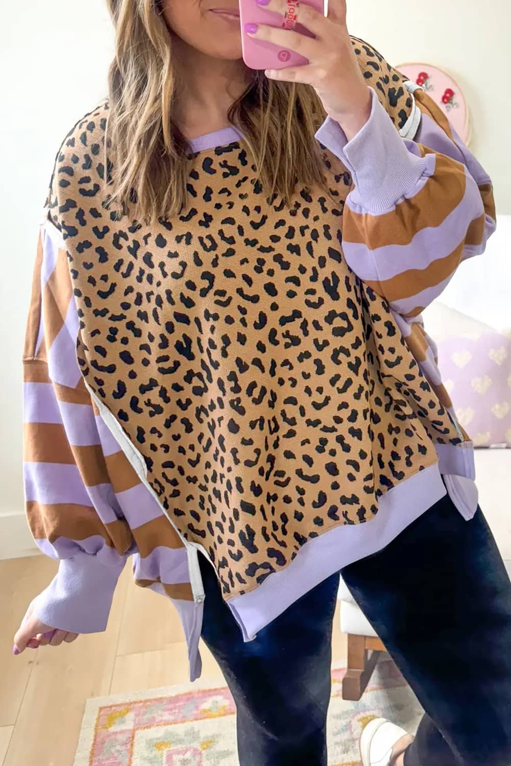 Purple Stripe Color Block Patchwork Leopard Casual Sweatshirt With Slits