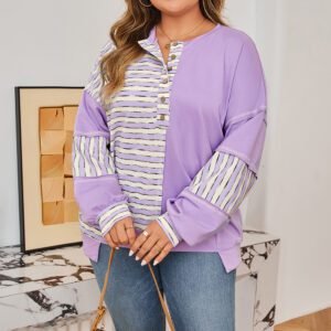 Purple Stripe Patchwork Buttoned Drop Shoulder Plus Size Pullover