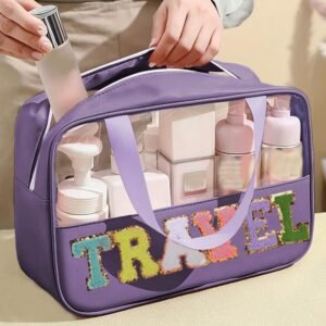 Purple Travel Chenille Letter Clear Pvc Makeup Bag
