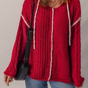 Racing Red Color Contrast Trim Textured Knit Drawstring Hooded Sweater