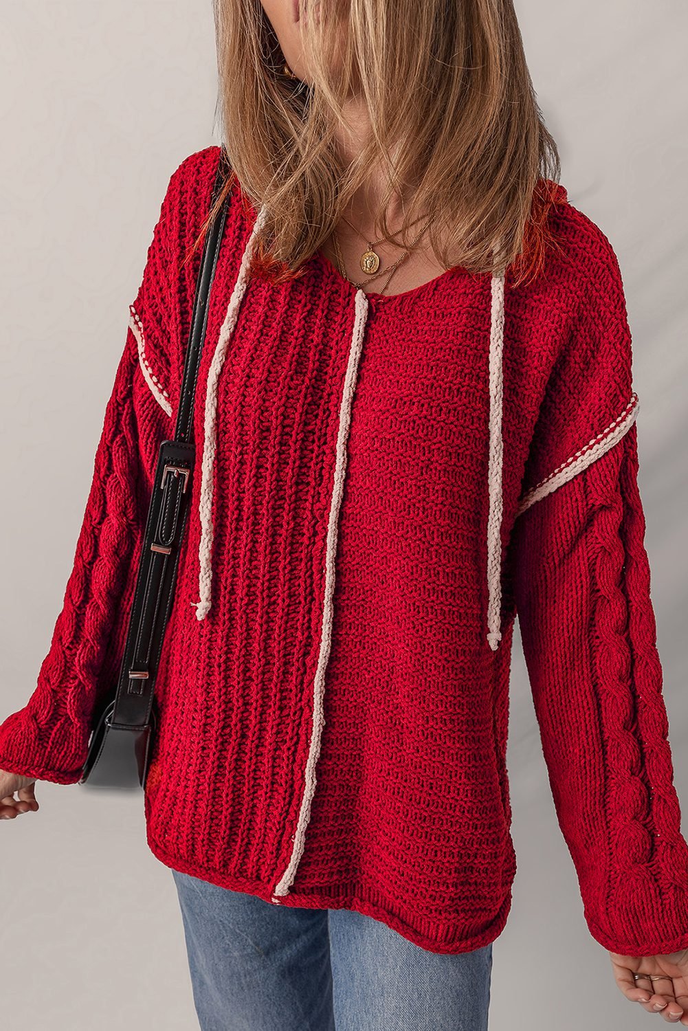 Racing Red Color Contrast Trim Textured Knit Drawstring Hooded Sweater