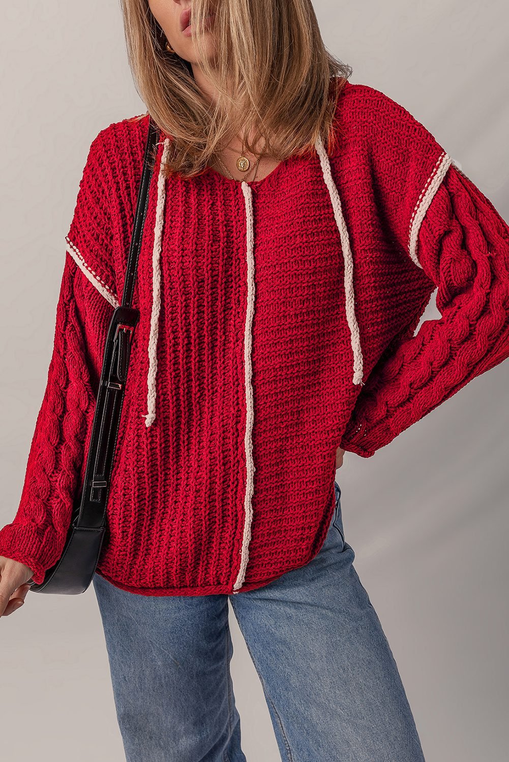 Racing Red Color Contrast Trim Textured Knit Drawstring Hooded Sweater