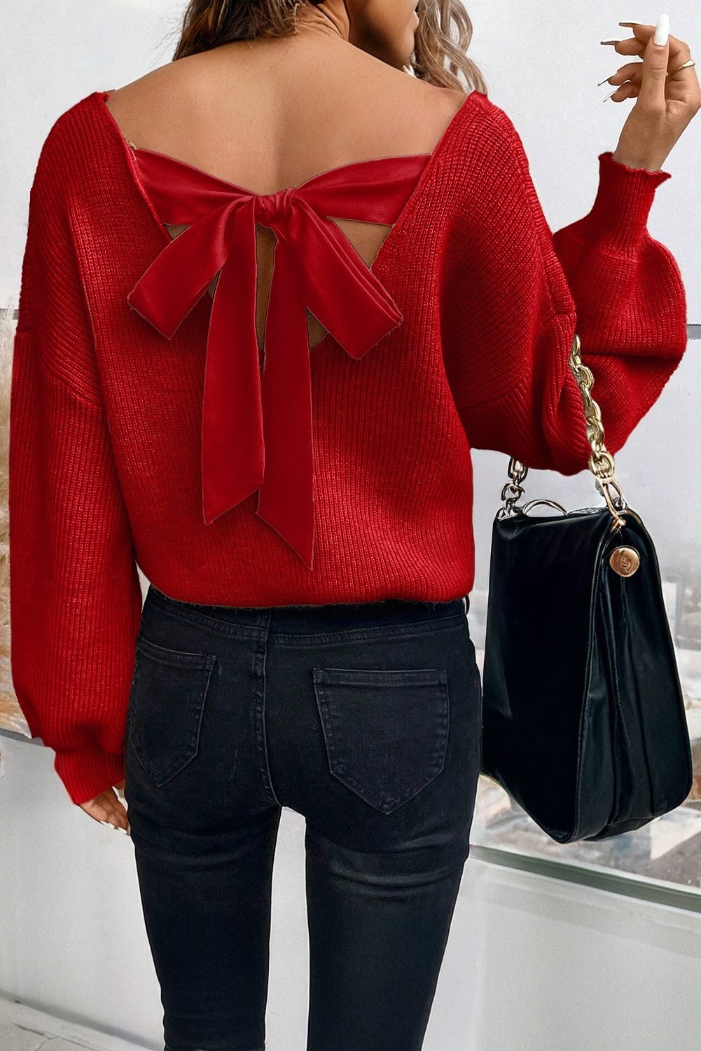 Racing Red Lantern Sleeve V Neck Knot Back Sweater