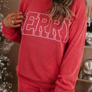 Racing Red Merry Ribbed Knit Long Sleeve Lace-Up Waist Plus Size Set