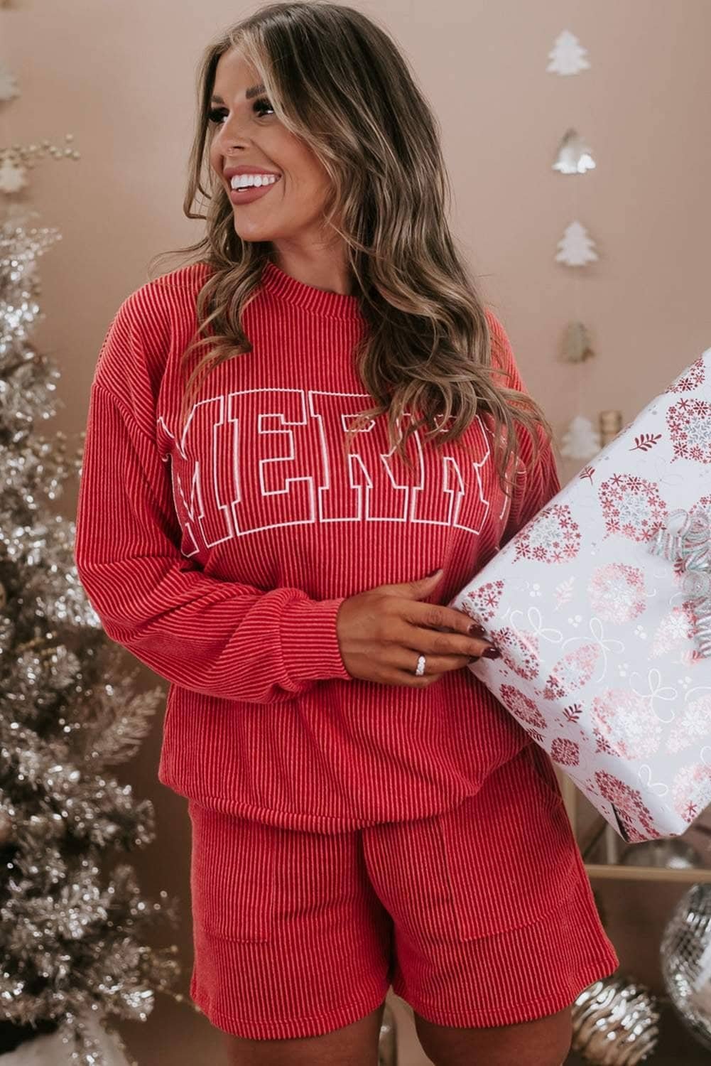 Racing Red Merry Ribbed Knit Long Sleeve Lace-Up Waist Plus Size Set