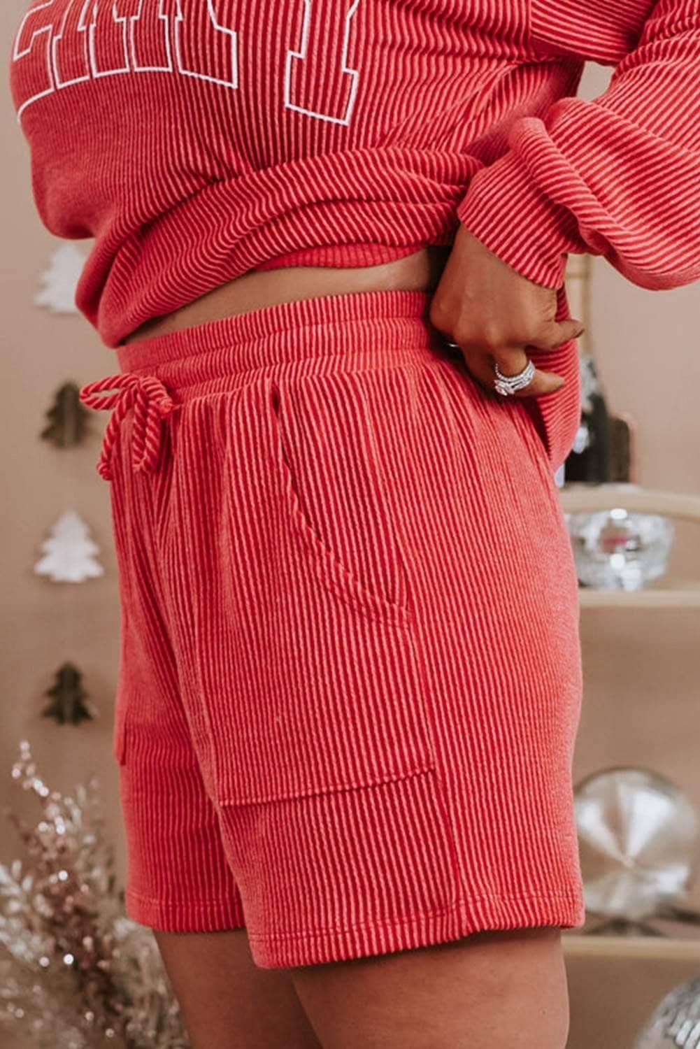 Racing Red Merry Ribbed Knit Long Sleeve Lace-Up Waist Plus Size Set