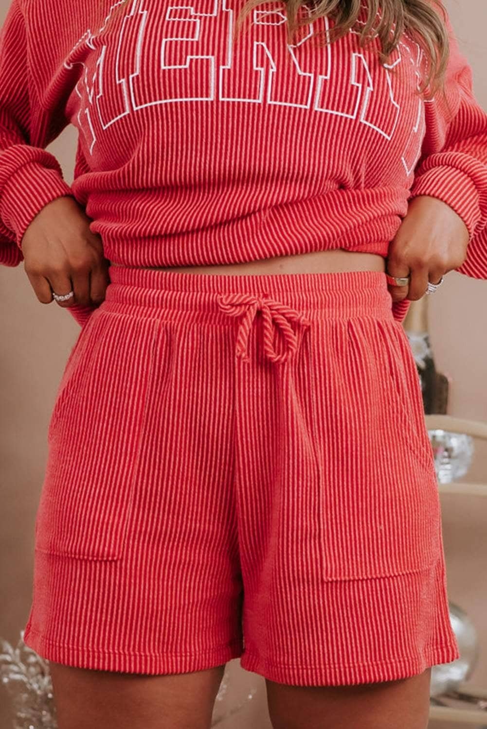 Racing Red Merry Ribbed Knit Long Sleeve Lace-Up Waist Plus Size Set