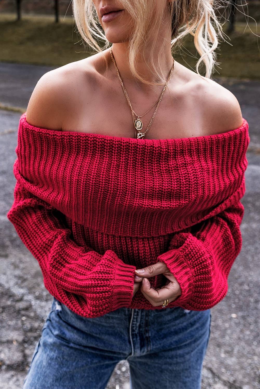 Racing Red Off-The-Shoulder Knit Sweater