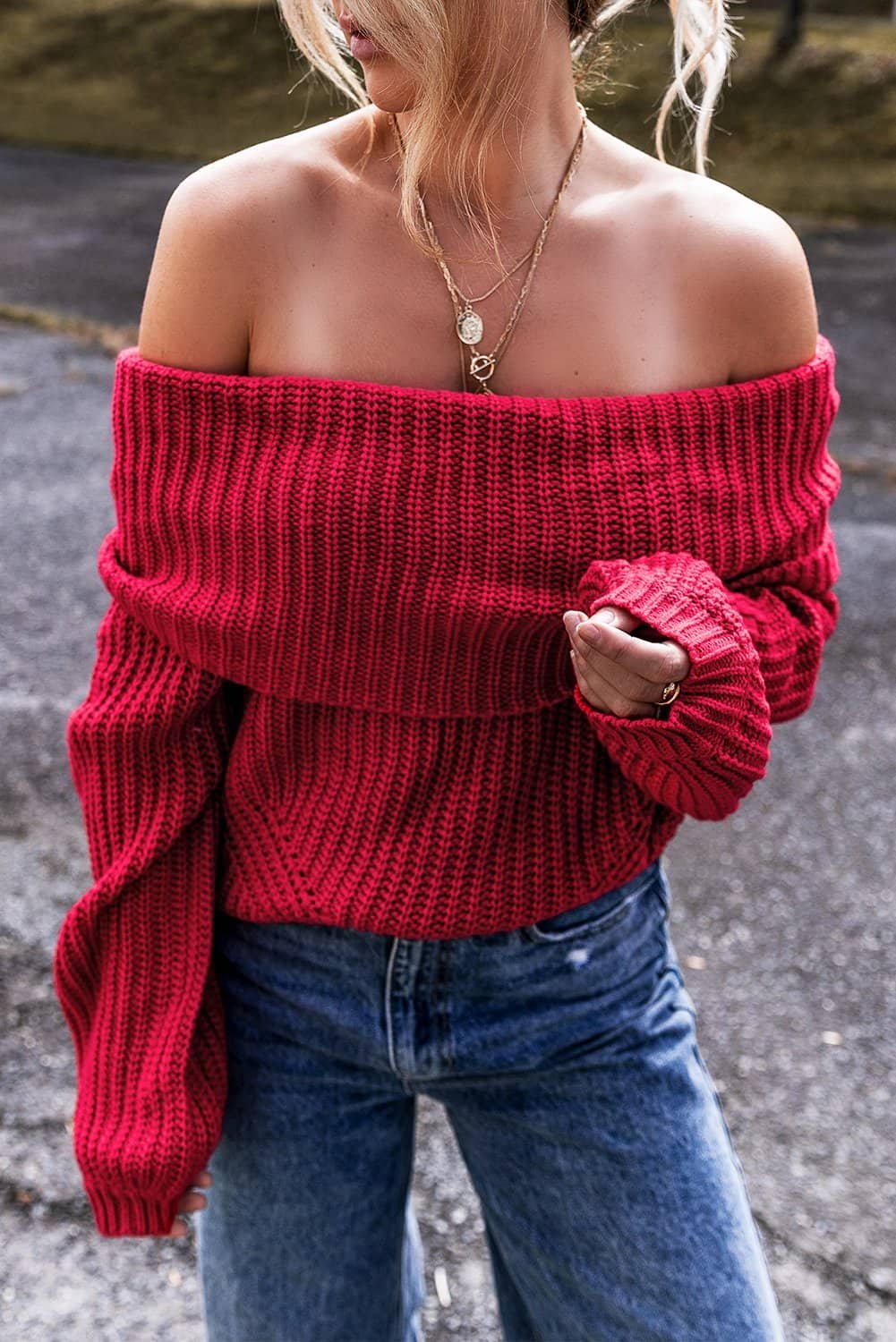 Racing Red Off-The-Shoulder Knit Sweater