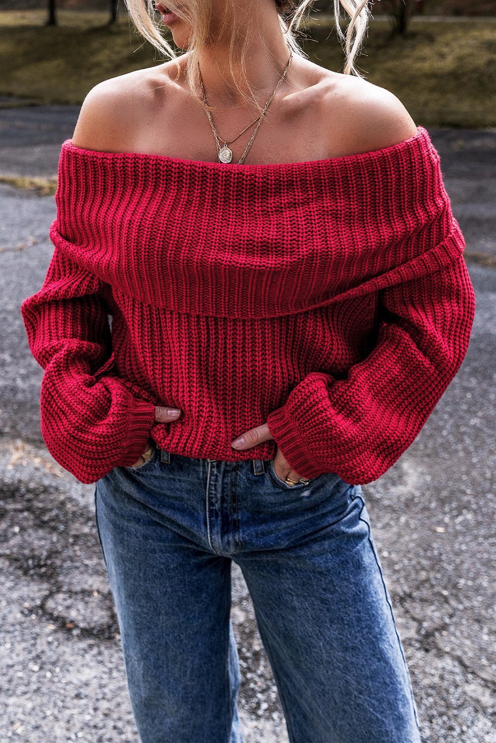 Racing Red Off-The-Shoulder Knit Sweater