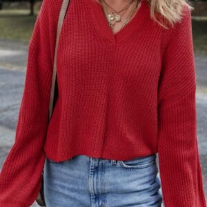 Racing Red Solid Textured Knit V Neck Drop Shoulder Sweater