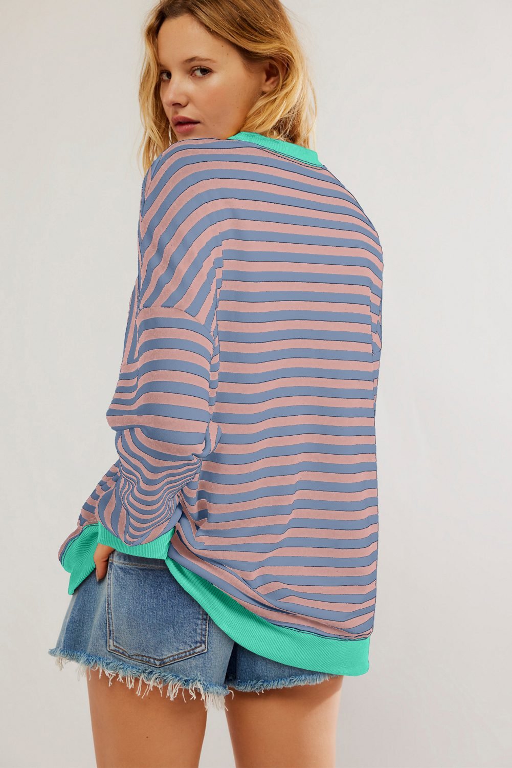 Racing Red Striped Contrast Ribbed Trim Crossed Stitch Drop Shoulder Sweatshirt