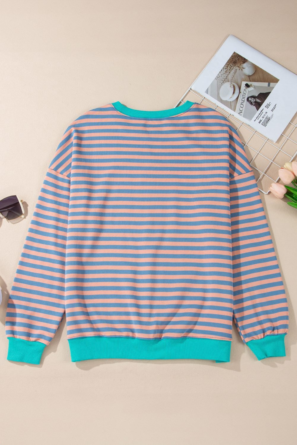 Racing Red Striped Contrast Ribbed Trim Crossed Stitch Drop Shoulder Sweatshirt