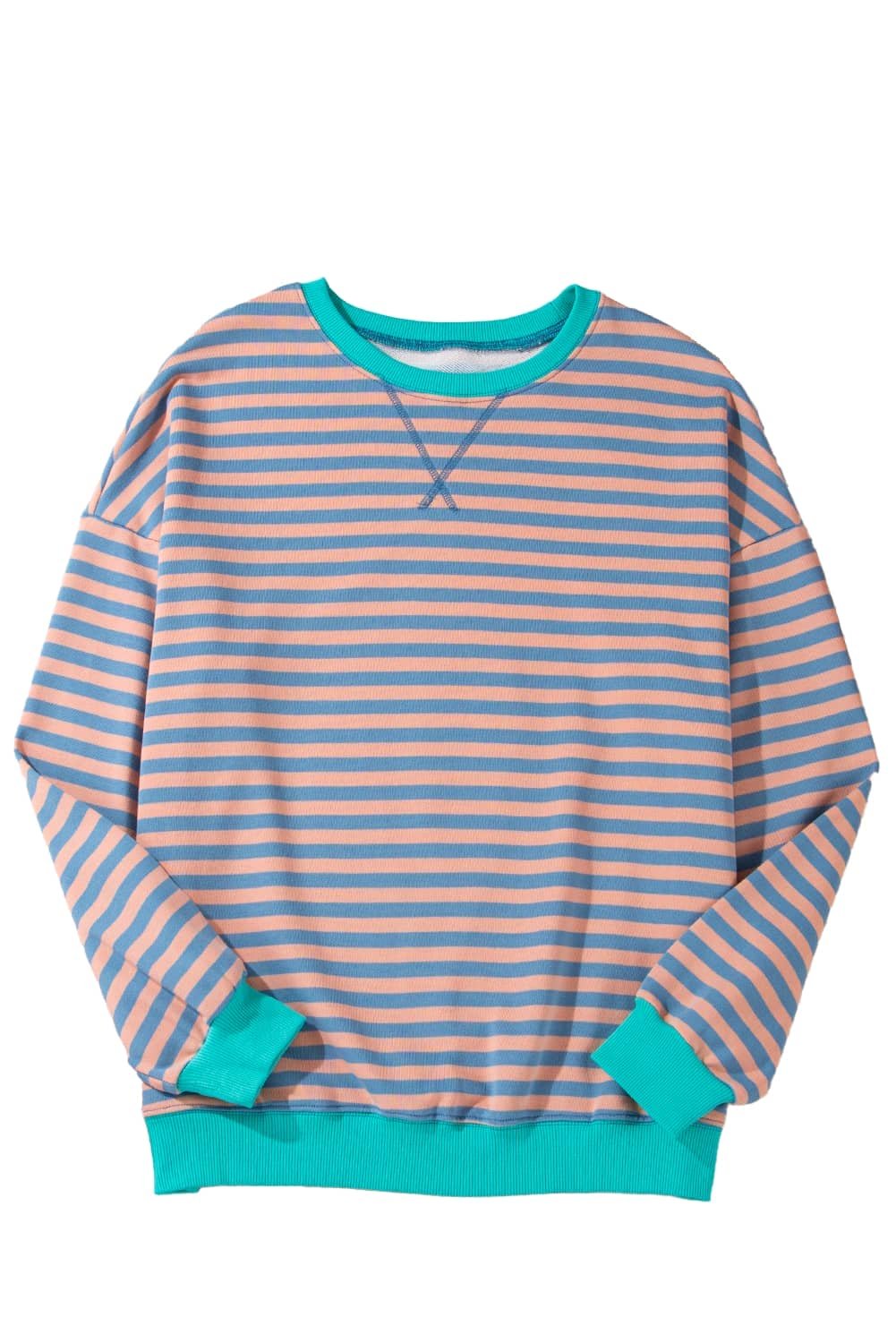 Racing Red Striped Contrast Ribbed Trim Crossed Stitch Drop Shoulder Sweatshirt