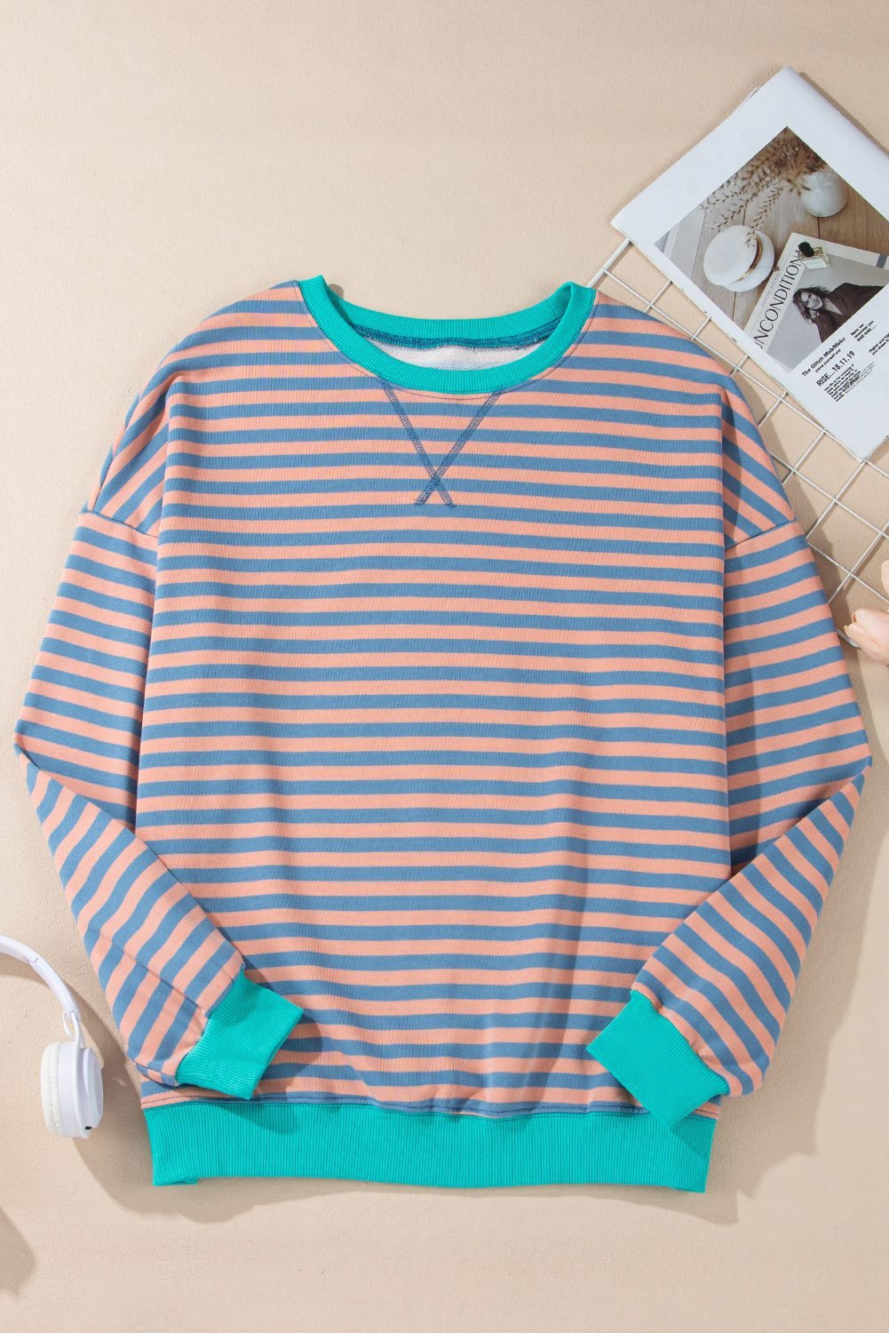 Racing Red Striped Contrast Ribbed Trim Crossed Stitch Drop Shoulder Sweatshirt