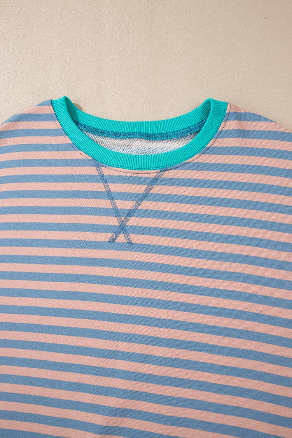 Racing Red Striped Contrast Ribbed Trim Crossed Stitch Drop Shoulder Sweatshirt